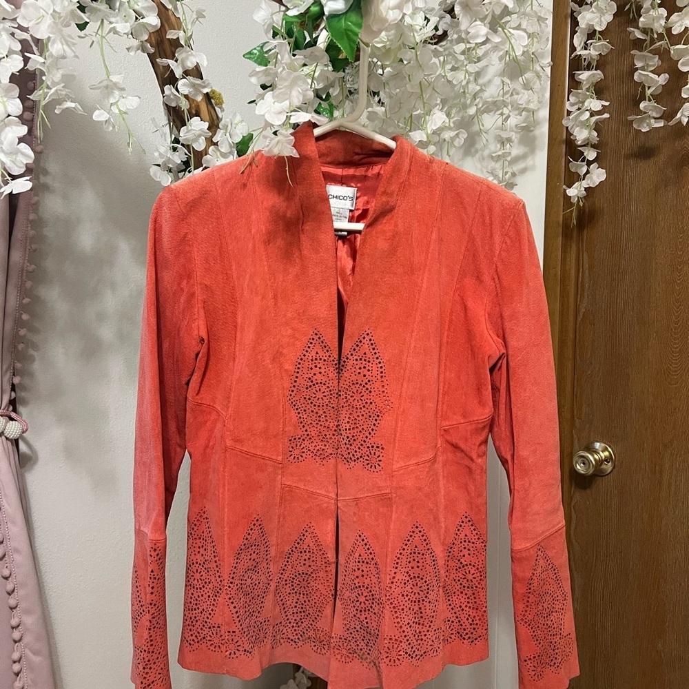 Chico's Vintage Vibrant Coral Suede Jacket with Cutout Design